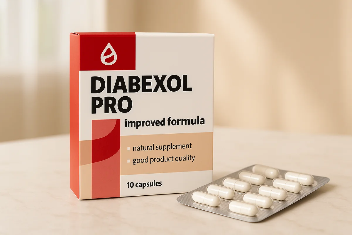 Caja de Diabexol Pro junto a un blíster plateado con cápsulas blancas sobre mármol claro
