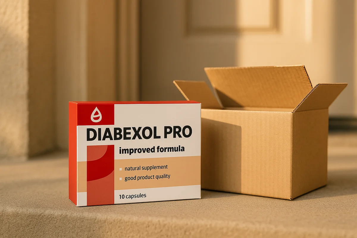Caja de Diabexol Pro junto a un paquete de cartón abierto en la puerta de un domicilio