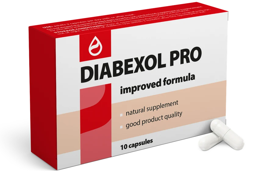 Caja de Diabexol Pro con dos cápsulas sobre un pedestal de piedra clara